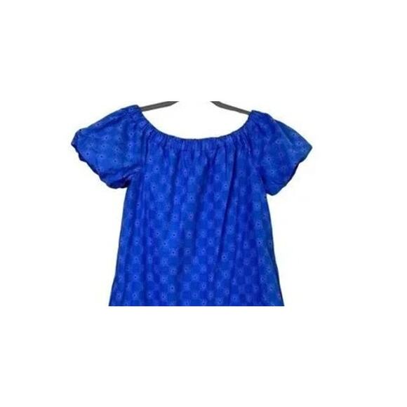 ZARA Off Shoulder Textured Eyelet Mini Sun Dress Balloon Sleeve Pockets M Blue - Picture 11 of 14